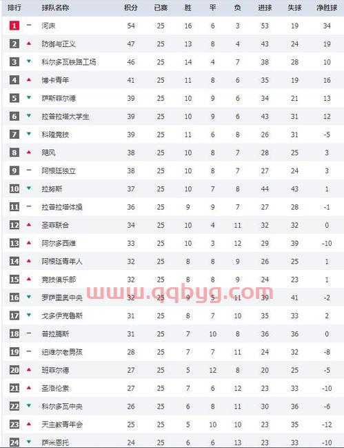 阿根廷甲级联赛积分榜
